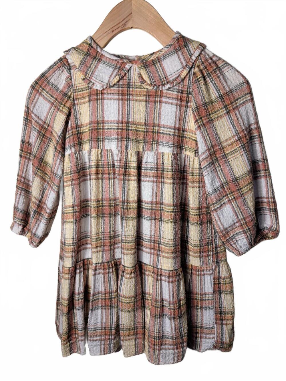Zara Girls' Plaid Dress Peter Pan Collar Size 4-5 Years Wood Button Detail Fall